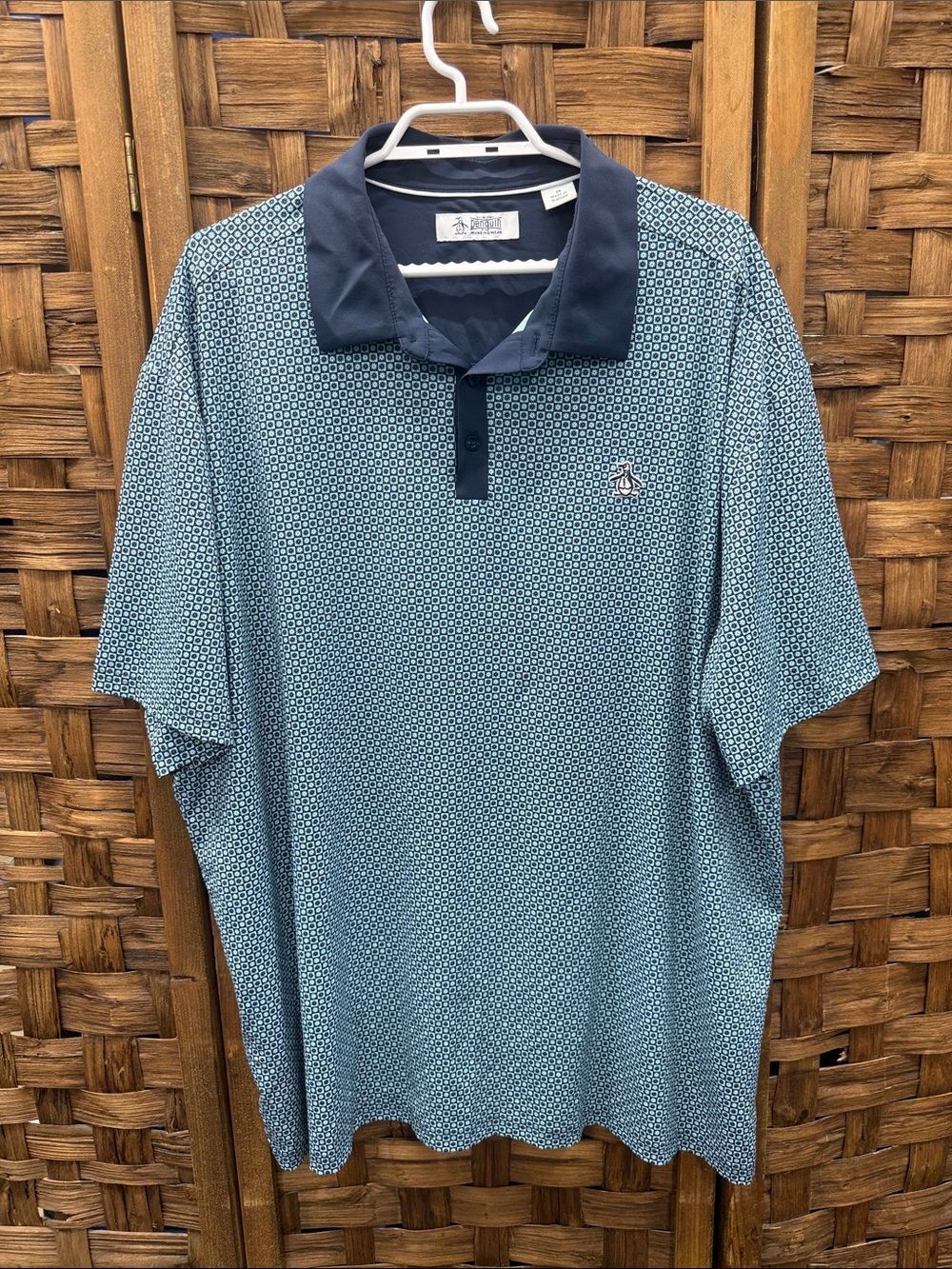 Men's Light Blue Geo-Print Polo with Navy Collar